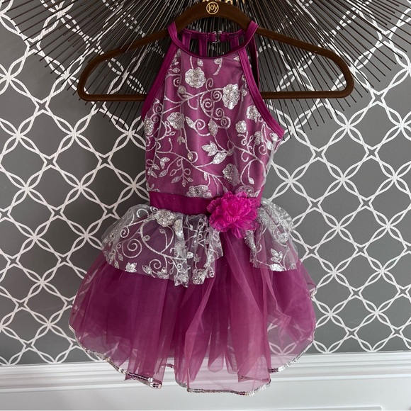 Weissman Dance Costume - size SC. Purple leotard with silver glitter and trim.